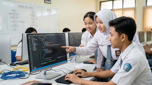 Guru membimbing siswa RPL di laboratorium komputer